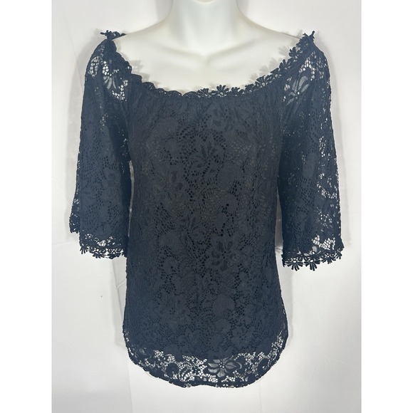 Miholl Black Crochet Lace Off Shoulder Top L Romantic Goth Coquette Whimsigoth - Picture 2 of 12